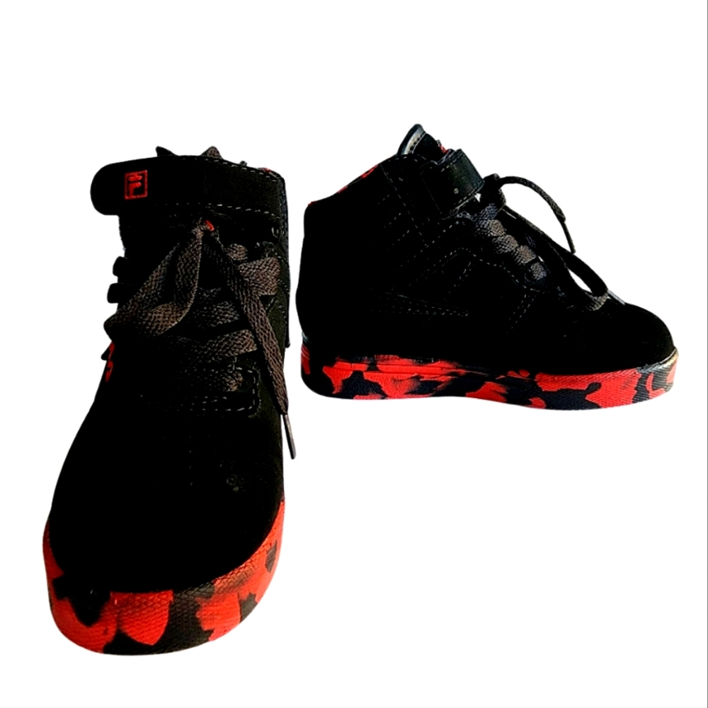 FILA HIGHTOP SNEAKERS, LITTLE BOYS SIZE 11, BLACK/RED LIKE NEW, VELCRO STRAPPED
